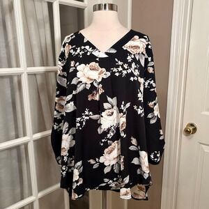 Youtalia XXL Black Beige Floral Tunic Top Long Sleeve Stretch Blouse Plus Size
